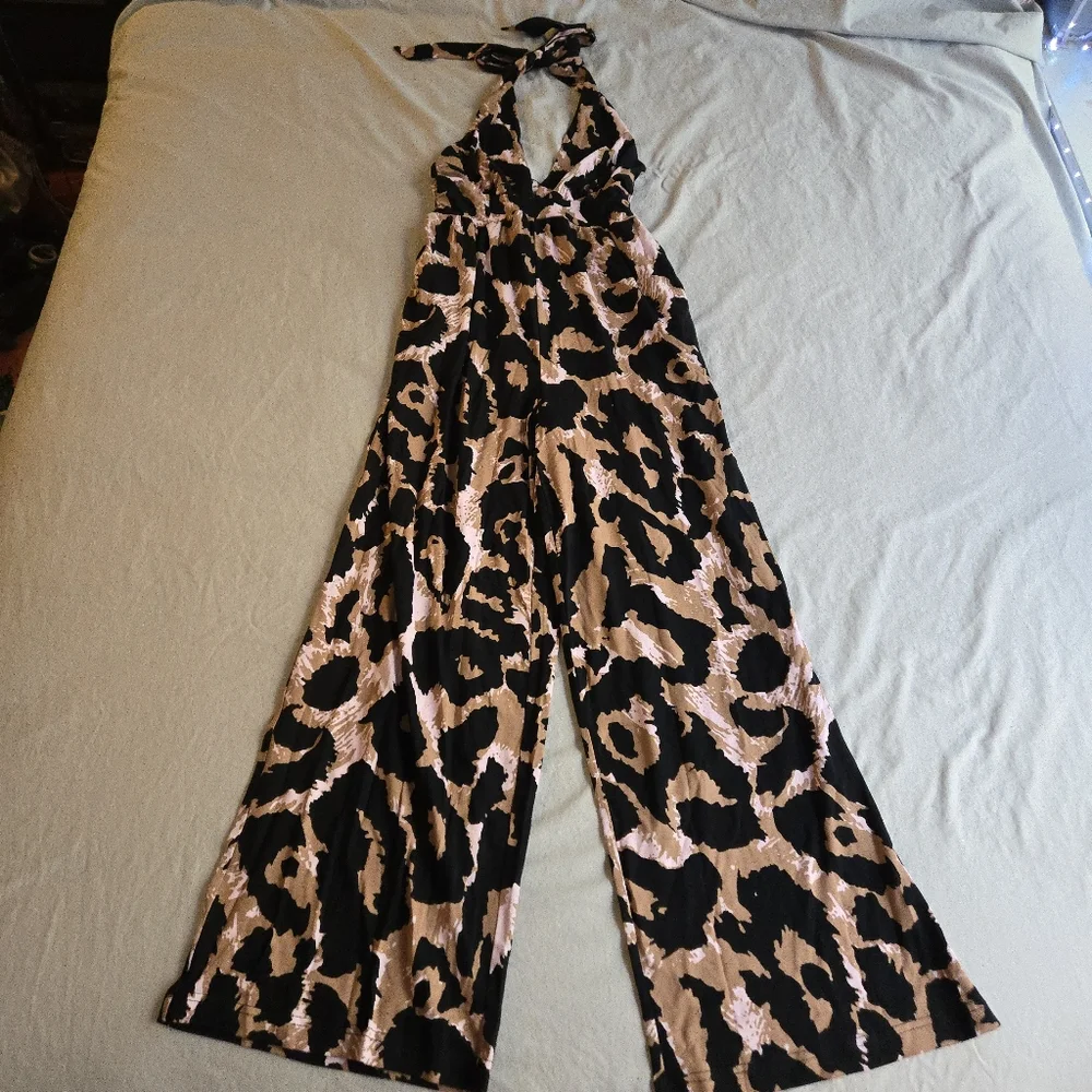 Diane Von Furstenberg x Target Leopard Plunge Halter Neck Wide Leg Jumpsuit - Picture 3 of 11